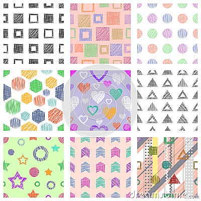 Set of seamless vector geometrical patterns with different geometric figures, forms. pastel endless background with hand drawn tex Vector Illustration