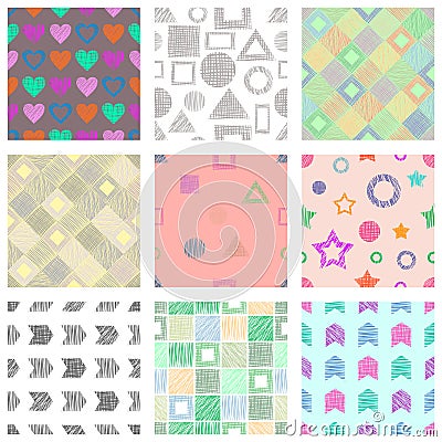 Set of seamless vector geometrical patterns with different geometric figures, forms. pastel endless background with hand drawn tex Vector Illustration