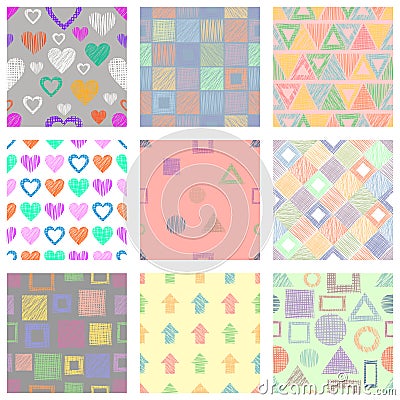 Set of seamless vector geometrical patterns with different geometric figures, forms. pastel endless background with hand drawn tex Vector Illustration