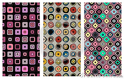 Set of seamless vector geometrical patterns. Endless background with hand drawn ornamental squares, circles. Graphic vector illust Vector Illustration