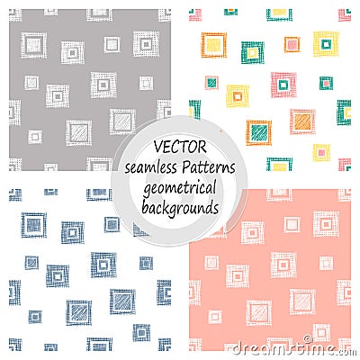 Set of seamless vector geometrical patterns with geometric figures, forms. pastel endless background with hand drawn textured geom Vector Illustration