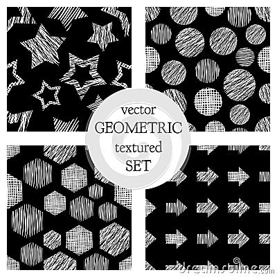 Set of seamless vector geometrical patterns with rectangles, circle, arrows, stars. Black and white pastel endless background with Vector Illustration