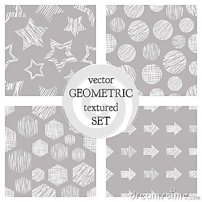 Set of seamless vector geometrical patterns with rectangles, circle, arrows, stars. Grey pastel endless background with hand drawn Vector Illustration