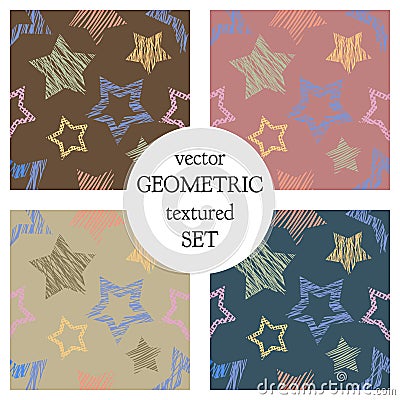 Set of seamless vector geometrical patterns with stars. pastel endless background with hand drawn textured geometric figures. Grap Vector Illustration