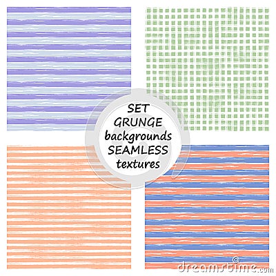 Set of seamless vector grunge geometrical patterns with hand drawn lines. Grungy striped, checkered backgrounds with horizontal, v Vector Illustration