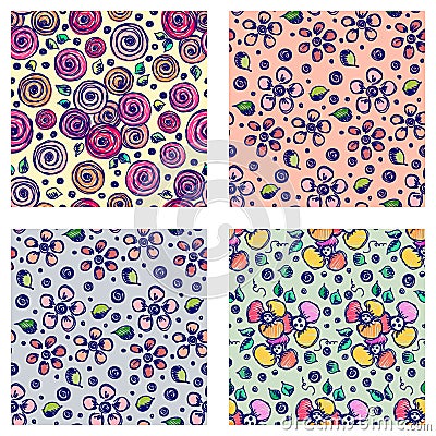 Set of seamless vector hand drawn floral patterns. Backgrounds with flowers, leaves. Decorative cute graphic line drawing illustra Vector Illustration