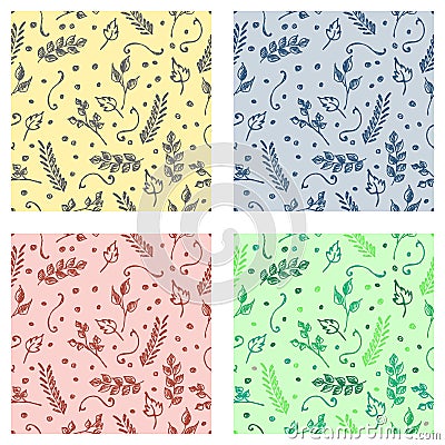 Set of seamless vector hand drawn floral patterns. Endless backgrounds with brahcn, leaves, dots. Graphic illustration. Line drawi Vector Illustration