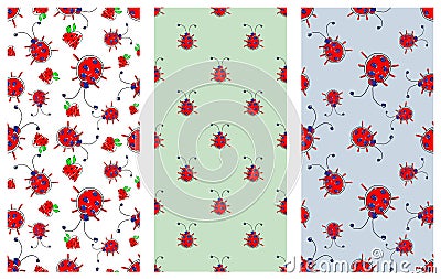 Set of Seamless vector pattern with insect. Cute hand drawn endless background with childish ladybugs and strawberry. Series of Do Vector Illustration