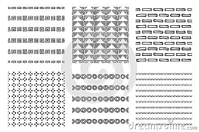 Set of seamless vector patterns. Black and white geometrical endless backgrounds with hand drawn geometric shapes, triangles, circ Vector Illustration