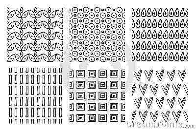 Set of seamless vector patterns. Black and white geometrical endless backgrounds with hand drawn geometric shapes, triangles, circ Vector Illustration