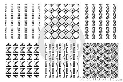 Set of seamless vector patterns. Black and white geometrical endless backgrounds with hand drawn geometric shapes, triangles, circ Vector Illustration