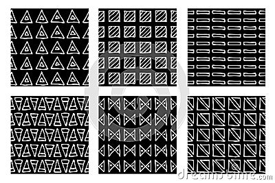 Set of seamless vector patterns. Black and white geometrical endless backgrounds with hand drawn geometric shapes, triangles, circ Vector Illustration