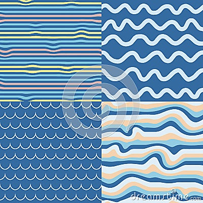 Set of 4 seamless vector patterns, distorted stripes, uneven lines, waves Vector Illustration