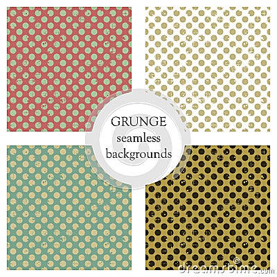 Set of seamless vector patterns. Geometric polka backgrounds with dots. Grunge texture with attrition, cracks and ambrosia. Old st Vector Illustration