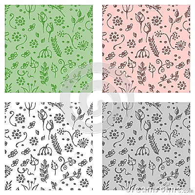 Set of seamless vector patterns, hand drawn background with flowers, branch, leaves, dots. Hand sketch drawing. Doodle funny style Vector Illustration