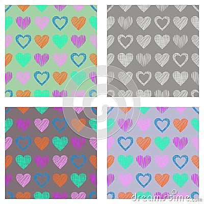 Set of seamless vector patterns with hearts. endless symmetrical backgrounds with hand drawn textured figures. Graphic illustratio Vector Illustration