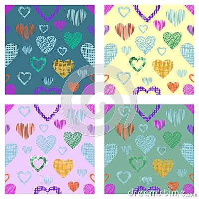 Set of seamless vector patterns with hearts. endless symmetrical backgrounds with hand drawn textured figures. Graphic illustratio Vector Illustration