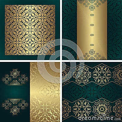 Set of seamless wallpaper and three vintage luxury cards Vector Illustration