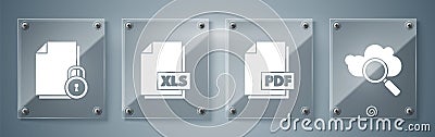 Set Search cloud computing, PDF file document, XLS file document and Document and lock. Square glass panels. Vector Vector Illustration