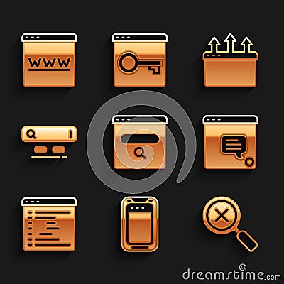 Set Search engine, Mobile phone, Magnifying glass and delete, New chat messages notification, Browser window, and icon Vector Illustration