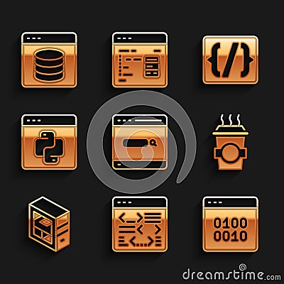 Set Search engine, Software, Binary code, Coffee cup to go, Computer, Python programming language, Programming syntax Vector Illustration