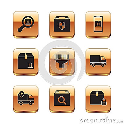 Set Search package, Delivery tracking, Scanner scanning bar code, Cardboard box with traffic, Mobile app, Locked and Vector Illustration