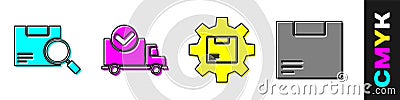 Set Search package, Delivery truck with check mark, Gear wheel with package box and Carton cardboard box icon. Vector Vector Illustration