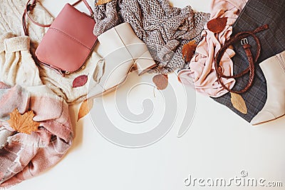 Set of seasonal autumn fashion woman clothes, top view with copy space. Stock Photo