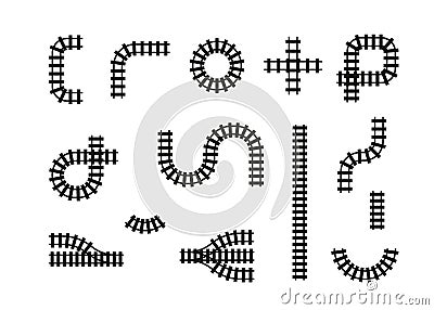 Set section path railway, line railroad for train. Different types piece of route. Bending of rail track, turn, join Vector Illustration