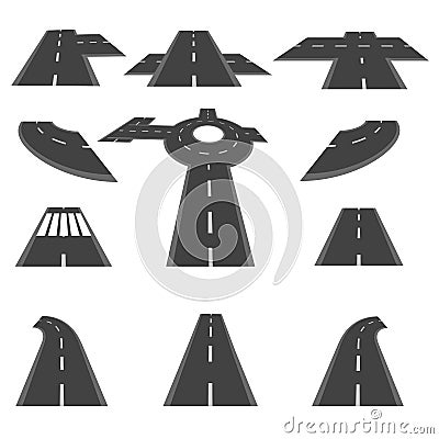 Set of sections of road and the roundabout intersections in different perspective. illustration Vector Illustration