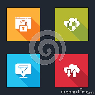 Set Secure your site with HTTPS, SSL, Cloud and shield, Location sales funnel and download upload icon. Vector Stock Photo