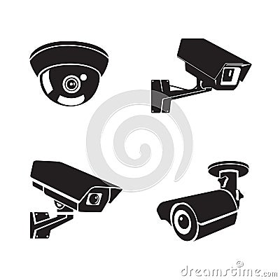 Set of security camera icons. Cctv black silhouettes. Vector Illustration