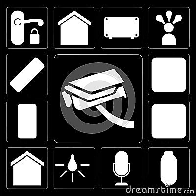 Set of Security camera, Power, Voice control, Light, Smart home, Dimmer, Mobile phone, Plug, Remote, editable icon pack Vector Illustration