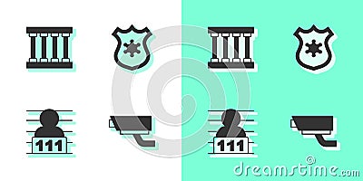 Set Security camera, Prison window, Suspect criminal and Police badge icon. Vector Stock Photo