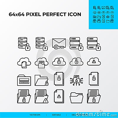 Set of security and private file vector line icon style. Cloud security, big data security. 64x64 Pixel perfect Vector Illustration