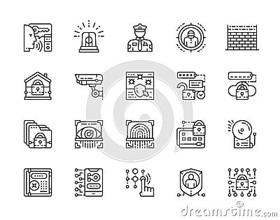 Set of Security Services Line Icons. Police, Protection, Cryptography and more. Vector Illustration