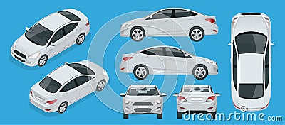 Set of Sedan Cars. Compact Hybrid Vehicle. Eco-friendly hi-tech auto. Isolated car, template for branding, advertising Vector Illustration