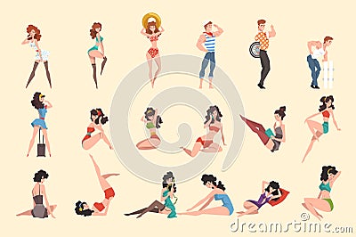 Set of seductive pin up girls in clothing. Females standing and sitting in different posses. Sensual stylish women Vector Illustration
