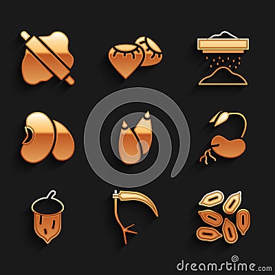 Set Seed, Scythe, Sprout, Acorn, oak nut, seed, Beans, Sifting flour and Rolling pin on dough icon. Vector Vector Illustration