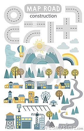 Set of segments for Childrens map road creator. Vector illustration of road, mountains, wood, lake, building and Vector Illustration