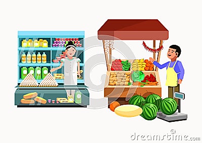 Set of sellers at the counter and stall. Collection vector shops Vector Illustration