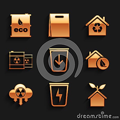 Set Send to the trash, Lightning with can, Eco friendly house, Acid rain and radioactive cloud, Radioactive waste barrel Vector Illustration