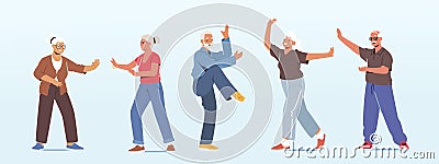 Set Seniors Make Tai Chi Exercising Outdoors. Pensioners Morning Workout at City Park, Group Classes for Elderly People Vector Illustration