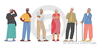 Set of Senior Characters Thinking, Forgetful Elderly People with Alzheimer Disease. Grandfather, Grandmother Forget Vector Illustration