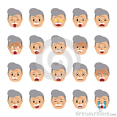 Set of a senior man faces showing different emotions Vector Illustration