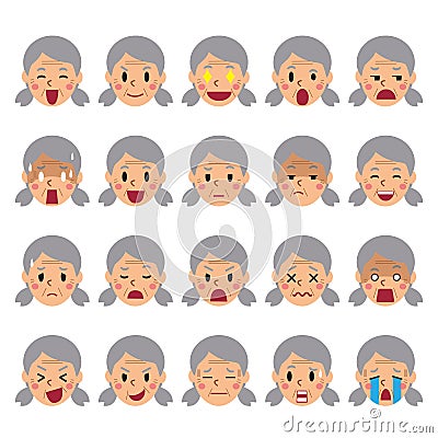 Set of a senior woman faces showing different emotions Vector Illustration