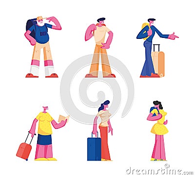 Set of Senior and Young Tourist Characters Traveling Watching Map in Trip, People with Photo Camera and Luggage Vector Illustration