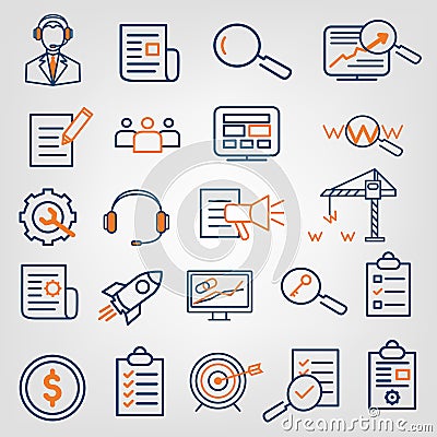 Set of SEO search engine optimization analytics, call center support, web site development icons. Flat line design, vector signs Vector Illustration