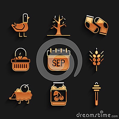 Set September calendar autumn, Jam jar, Honey dipper stick, Wheat, Hedgehog, Basket and food, Socks and Dove icon Vector Illustration