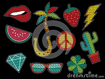 Set of sequin pop art summer patch icons Vector Illustration